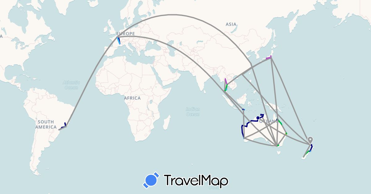 TravelMap itinerary: driving, bus, plane, train, hiking, boat, hitchhiking in Australia, Brazil, France, Hong Kong, Indonesia, Japan, Malaysia, New Zealand, Thailand (Asia, Europe, Oceania, South America)